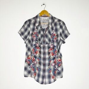 Johnny Was Black White Plaid Button-Down Shirt with Red & Blue Floral Embroidery